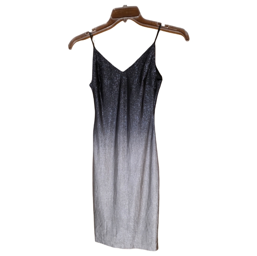 B. Darlin Black to Silver Ombre Metallic Slip Dress XS Glitter Midi